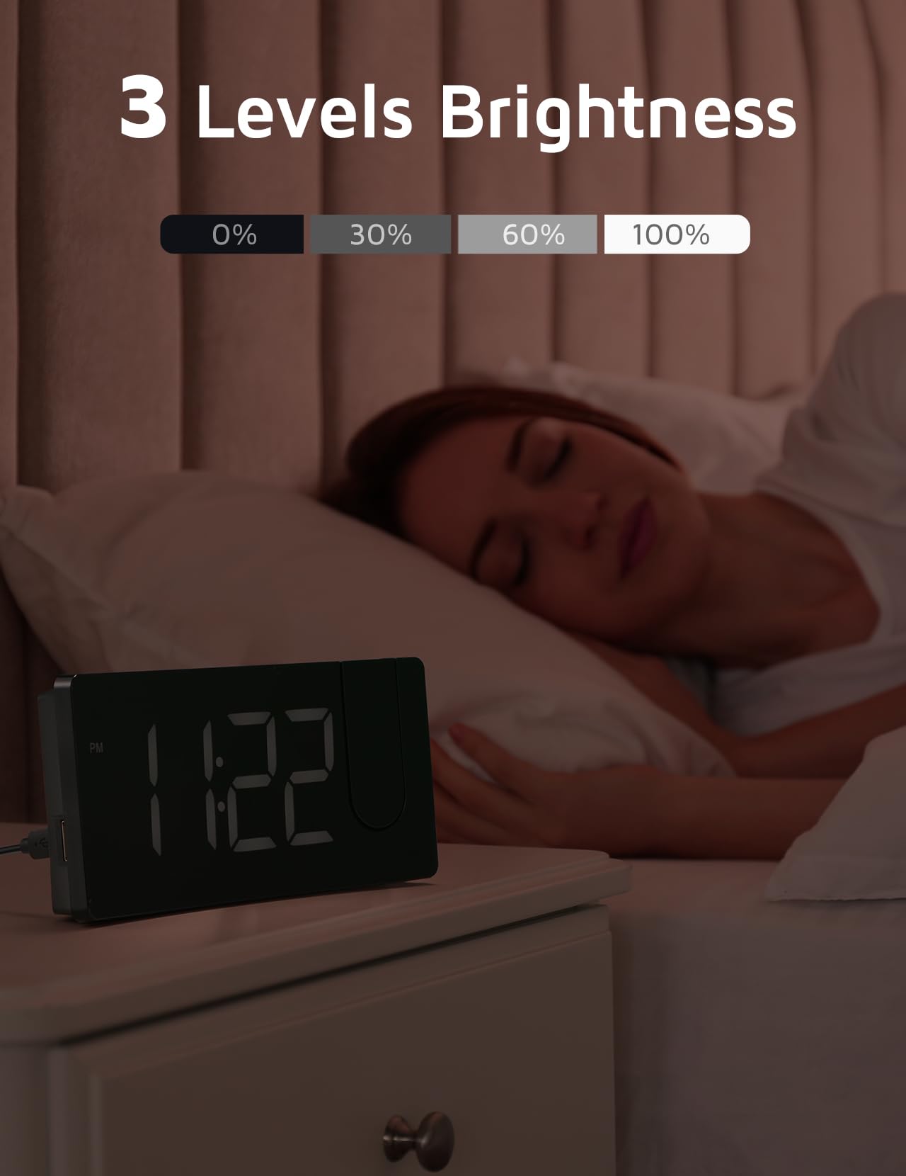 GOLOZA Projection Alarm Clock, Digital Clock with Modern Curved Design 180° Rotatable Projector, 3-Level Brightness Dimmer, Clear Blue LED Display, Progressive Volume, 9mins Snooze,12/24H, for Bedroom