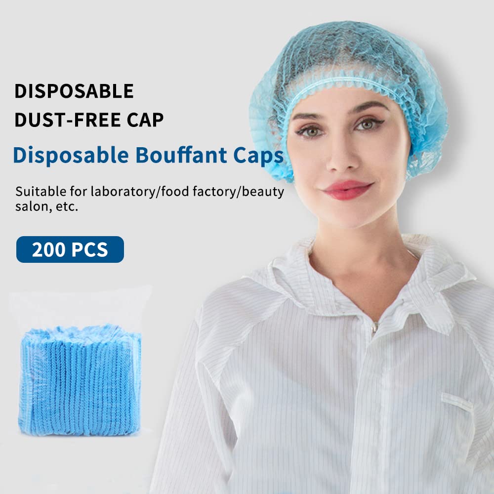 200 PCS Disposable Nonwoven Bouffant Caps Hair Net Cap Free Size Elastic Cap, TIE-DailyNec Non-Woven Strip Cap for Food Service Beauty Kitchen Hospital and Workspace (Blue)