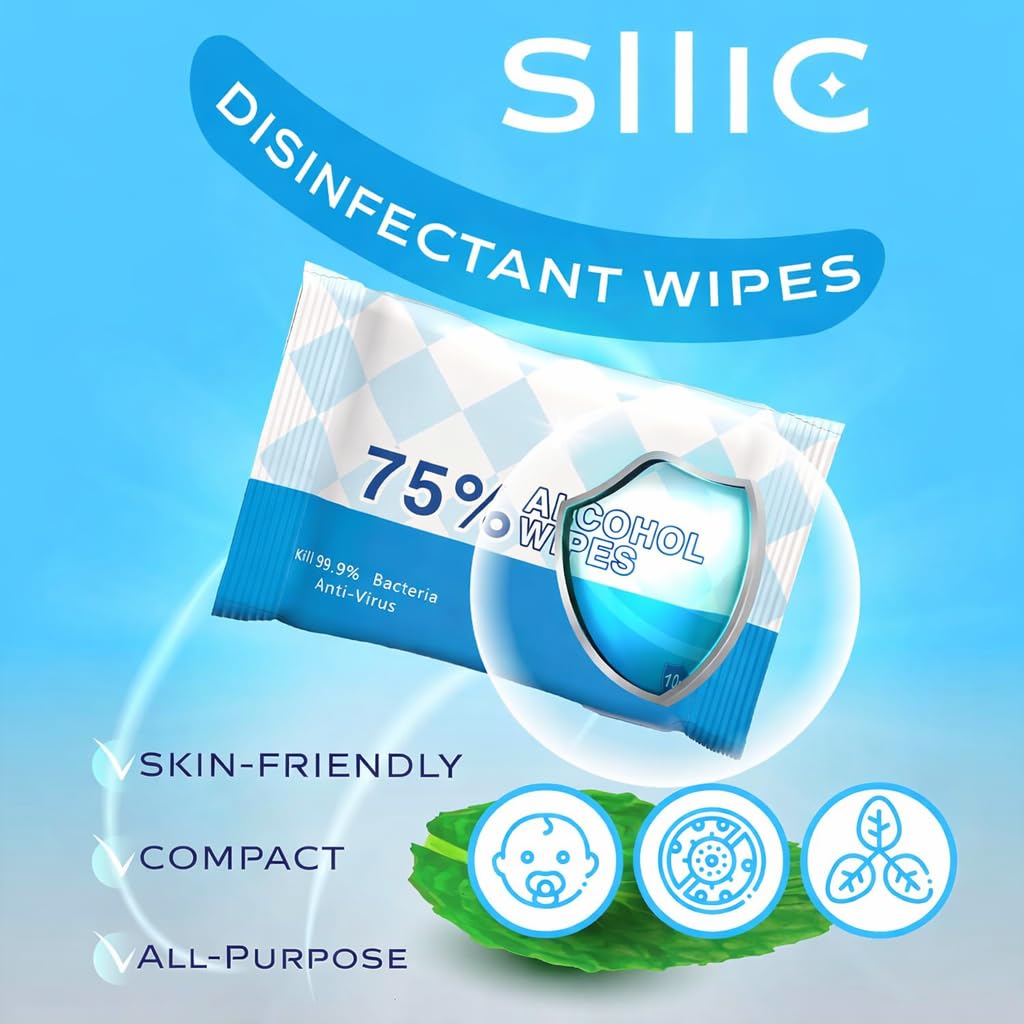 Sllic® - Disinfectant Wet Wipes - All-Purpose - 75% Alcohol Wipes - Clean & Sanitize Surfaces & Skin - Safe for Skin - Quick-Drying & Non-Sticky Formula - Unscented - 100 Wipes (10 Packs of 10 Each)