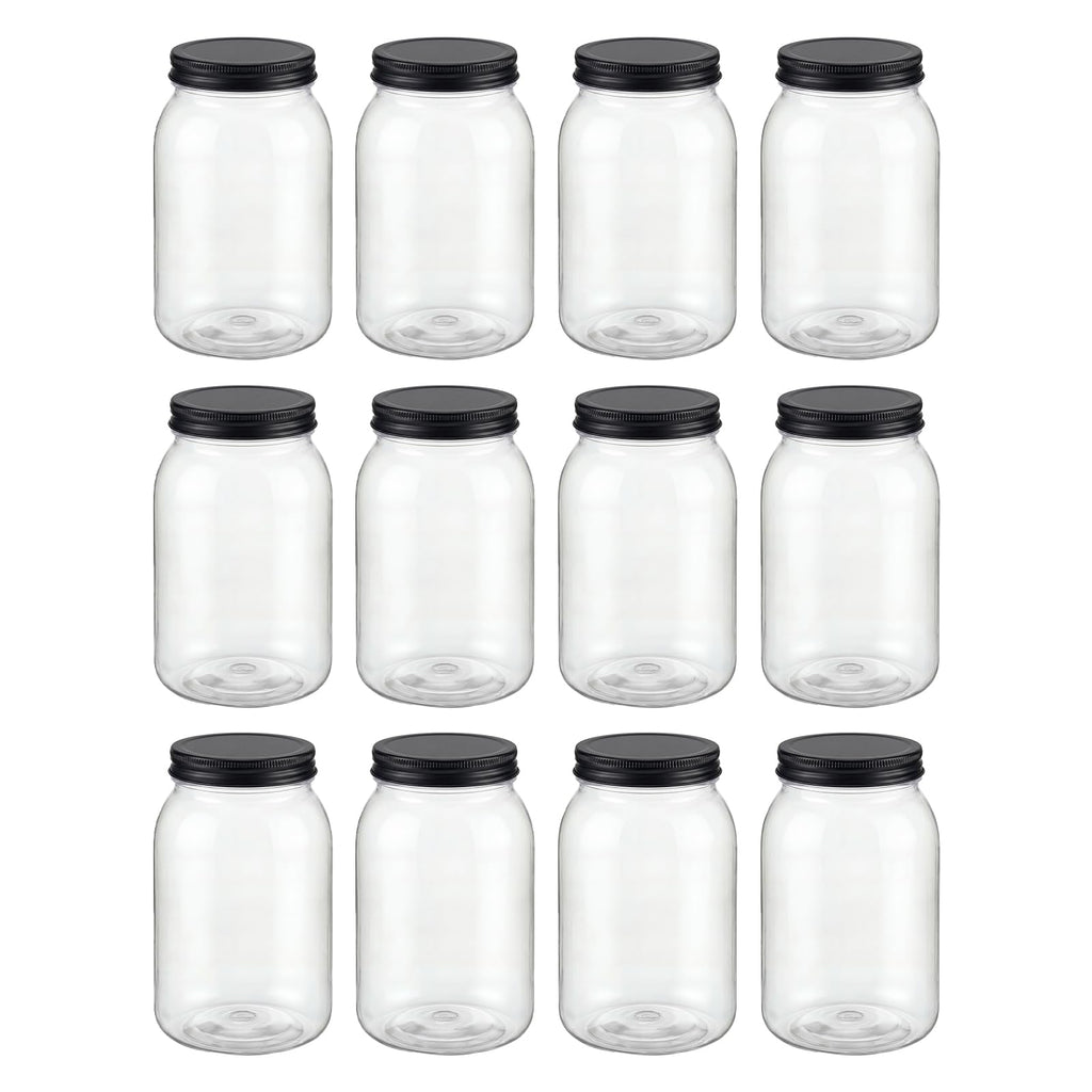 novelinks 32 oz Mason Jars with Plastic Lids, 12 Pack Large Plastic Salad Jars with Lids 32oz, Reusable Spice Containers & Kitchen Jars for Pantry Organization (12 Pack,Black)