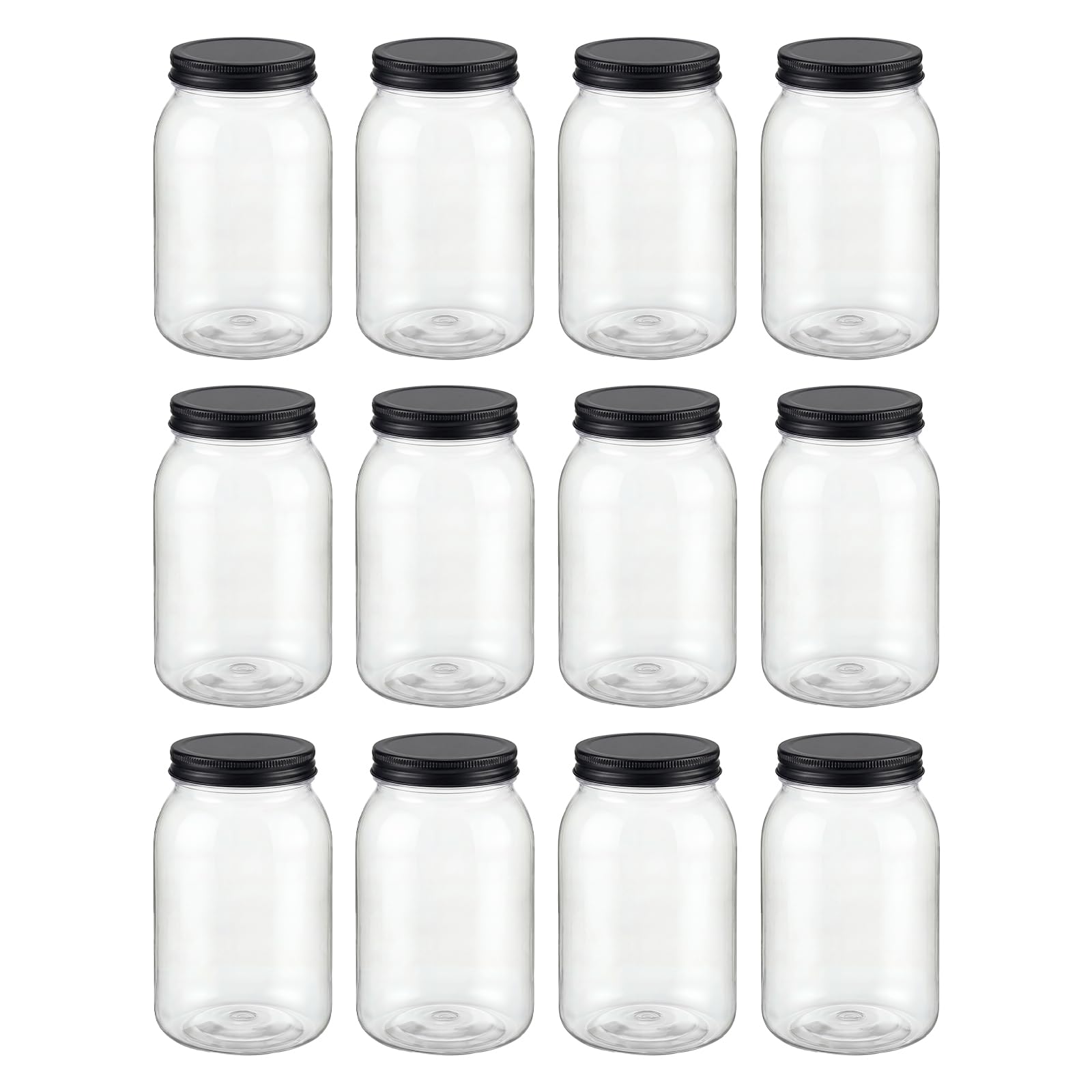 novelinks 32 oz Mason Jars with Plastic Lids, 12 Pack Large Plastic Salad Jars with Lids 32oz, Reusable Spice Containers & Kitchen Jars for Pantry Organization (12 Pack,Black)