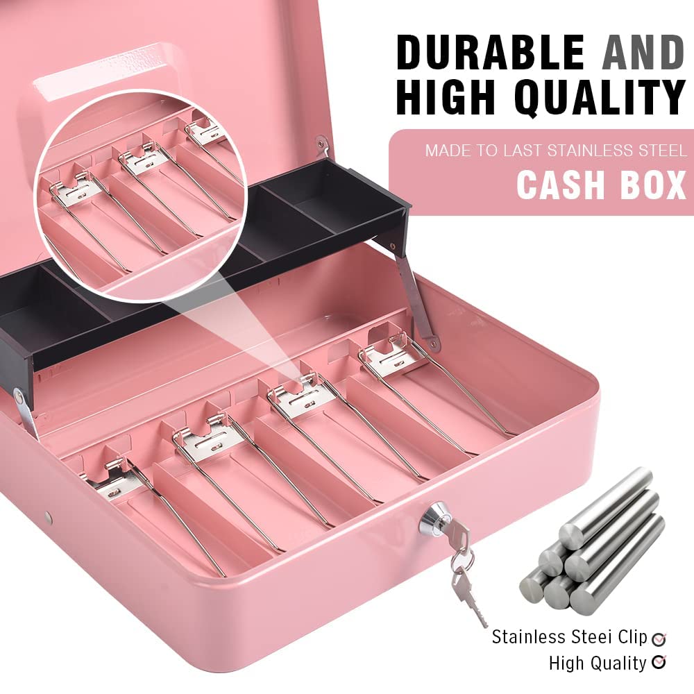 Cash Box with Lock and Money Tray - Tomekji Durable Metal Large Money Box 11.8"L x 9.5"W x 3.5"H - 5 Compartment Tray 4 Spring Loaded, Come with 2 Key, Pink