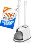 Toilet Plunger and Brush Set, Bowl Brush and Heavy Duty Toilet Brush with Ventilated Holder, 2-in-1 Toilet Brush and Plunger Combo for Bathroom Deeply Cleaning(White & Grey)