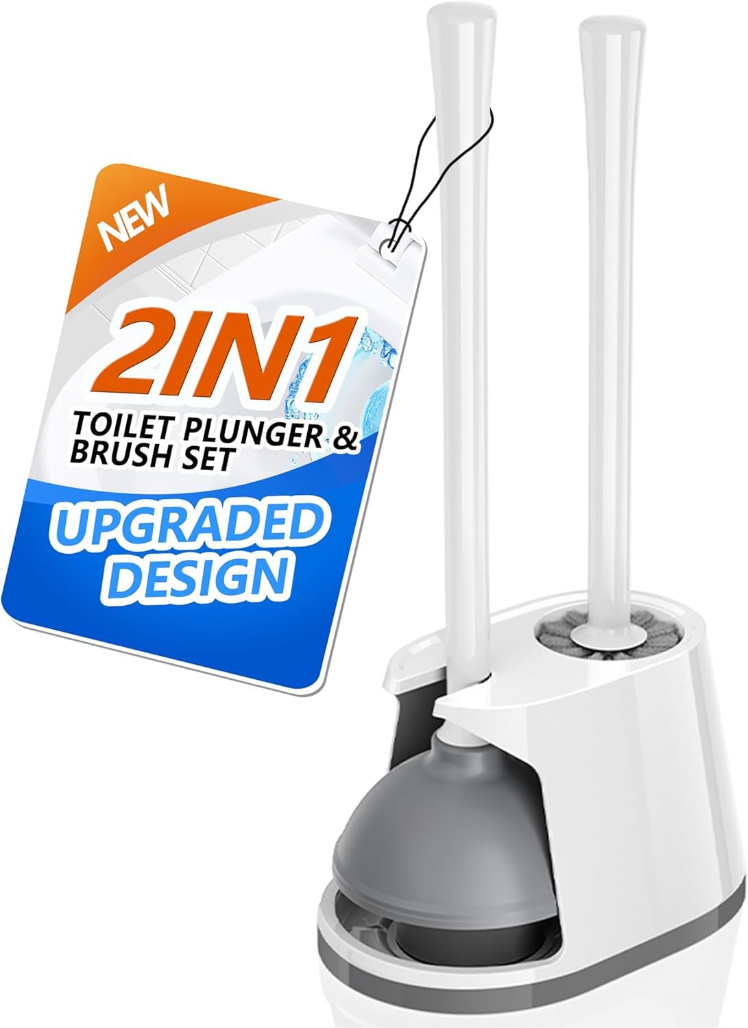 Toilet Plunger and Brush Set, Bowl Brush and Heavy Duty Toilet Brush with Ventilated Holder, 2-in-1 Toilet Brush and Plunger Combo for Bathroom Deeply Cleaning(White & Grey)