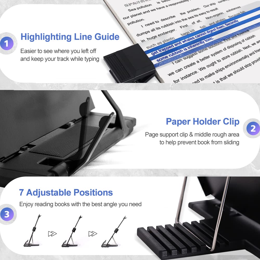 OSPNIEEK 2 Pack Desktop Document Holder Stand with 7 Adjustable Position, Black Metal File Organizer Copyholder for Typing Speech Reading A4 Letter Music Book Tablet Office, with Paper Clip Line Guide
