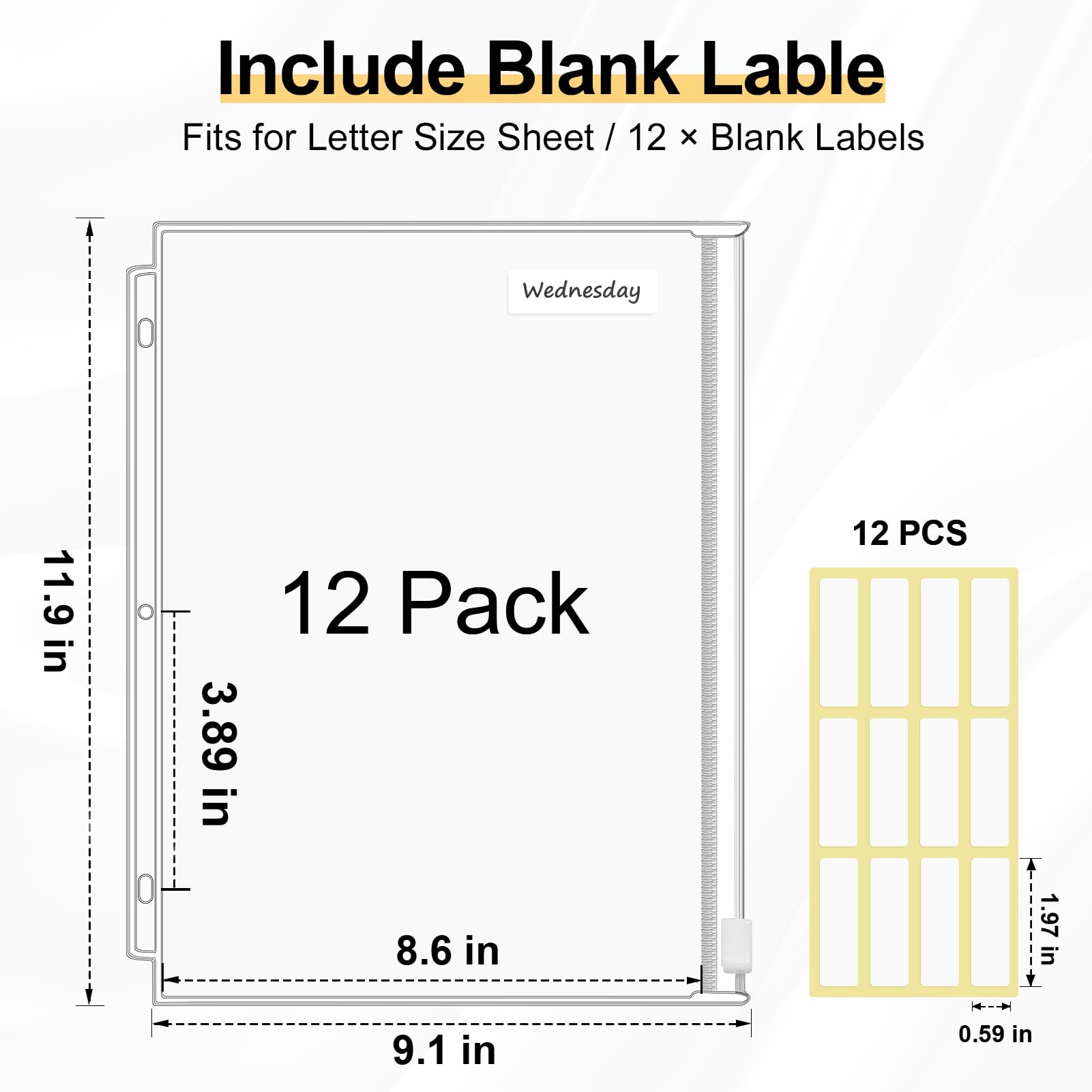KTRIO Letter Size Binder Pockets 3 Ring Binder Zipper Pouch 12 Pack, 3 Holes Clear PVC Loose Leaf Bags 8.5"×11" Document Folders for Business Office School Supplies
