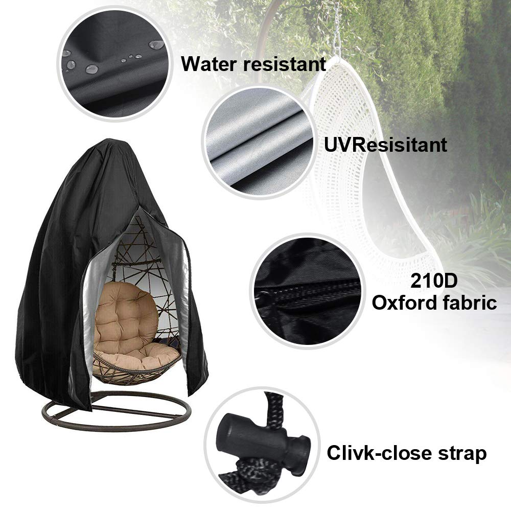 Egg Hanging Chair Cover with Zipper, Heavy Duty Weather Resistant Wicker Egg Swing Chair Cover Veranda Patio Garden UV Resistant Protective Cover (Single Seat, Black)