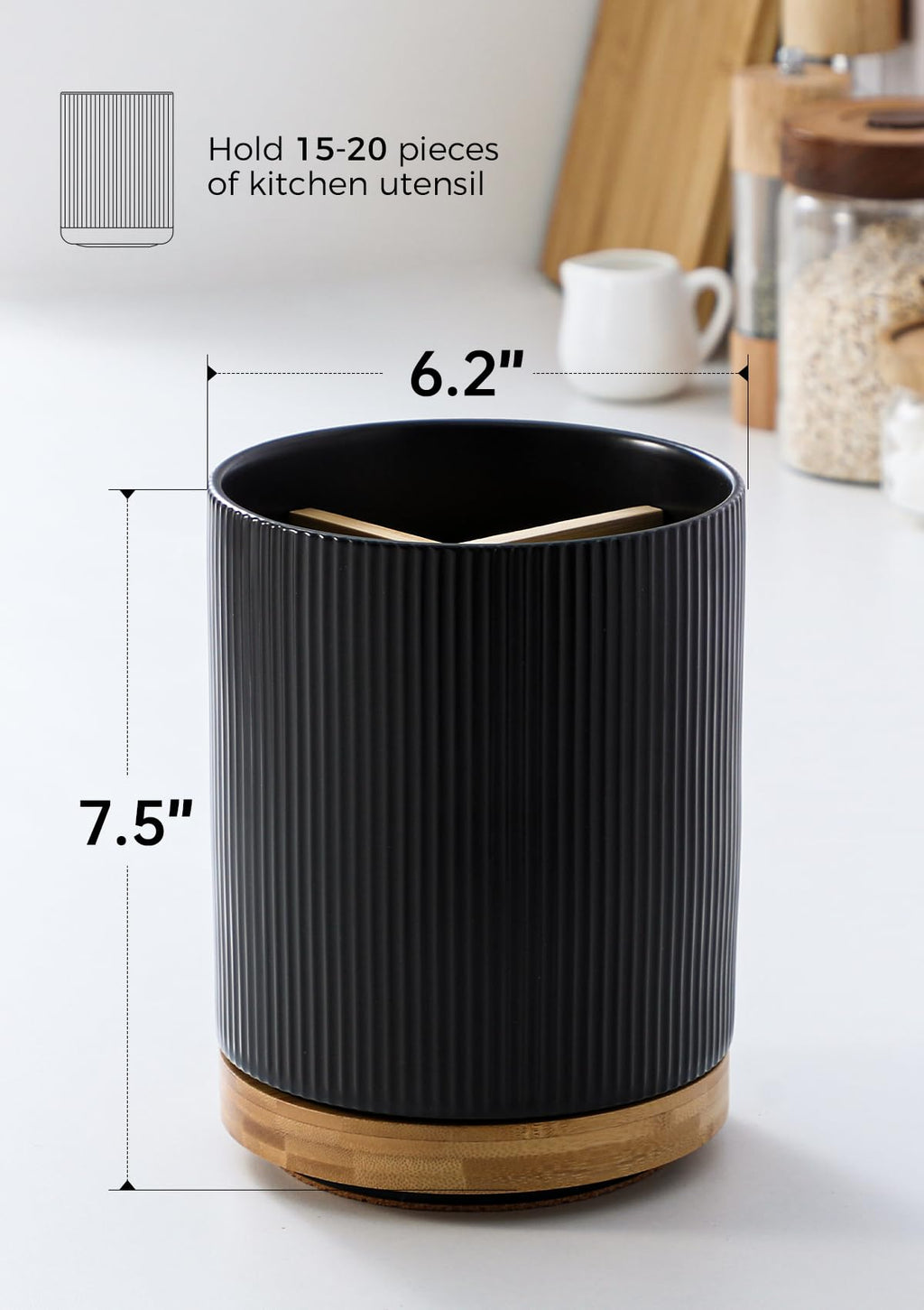 LoeJan 3 Compartment Utensil Holder, 7.2" Extra Large Utensil Crock, Stable Ceramic Utensil Organizer, Cooking Tool Organizer Set for Kitchen Counter Farmhouse Décor