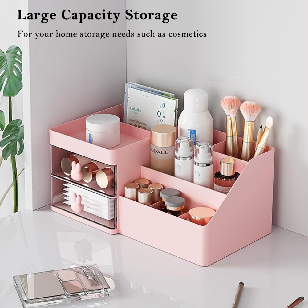 Haiansan Makeup Organizer for Vanity, Cosmetic Storage Box with Drawer, Desktop Organizer for Office Supplies, Bathroom Counter or Dresser, Gift for Girlfriend Wife Women Lady Girl (Pink)