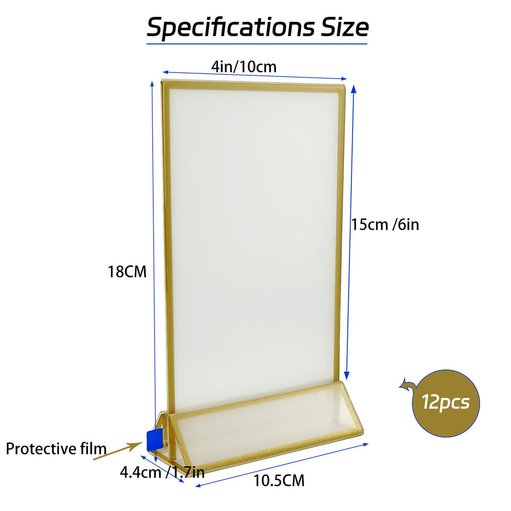 AeKeatDa 12 Pack Acrylic Sign Holders 4''x6'' Display Stand with Gold Border Double-Sided Clear Display Frames for Weddings, Table Numbers, Menus, Parties, and Restaurants