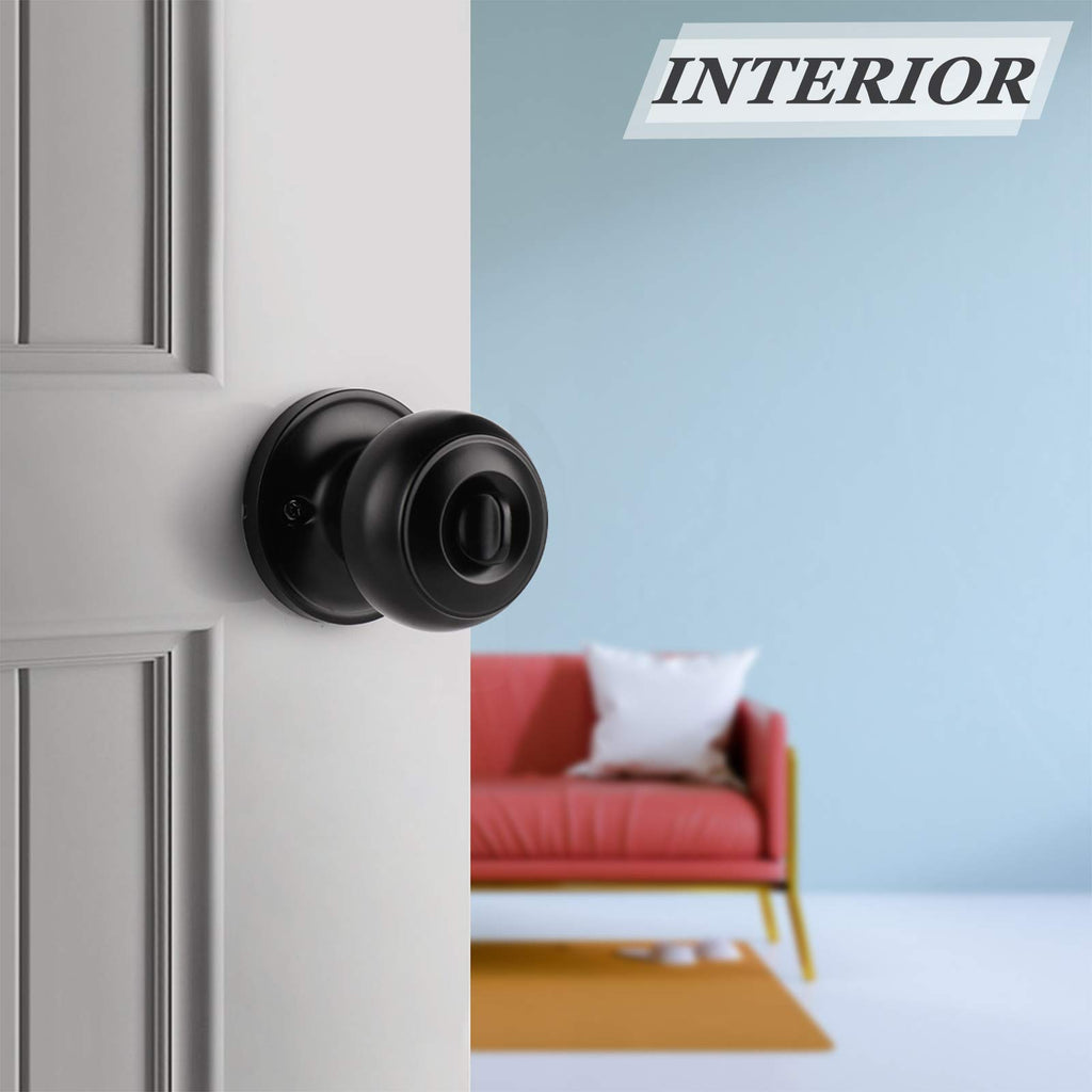 Probrico Interior Door Knobs Matte Black Finish, Standard Door Hardware, Indoor Door Handles Keyless, Privacy Door Lock for Bedroom/Bathroom Flat Ball Knob, 1 Pack