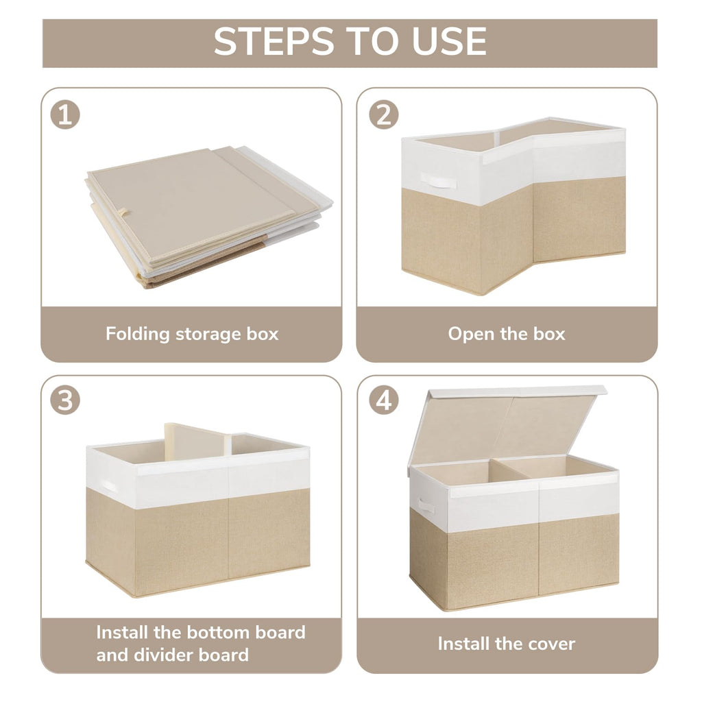 INDRESSME 25"x13"x16" Large Storage Box, Collapsible Bins with Lids, Chest for Living Room, Storage Baskets for Blankets, Books, Clothes (Beige & White)