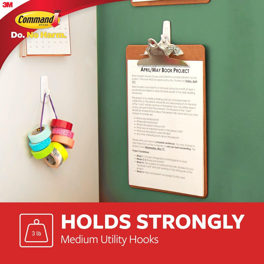 Command Medium Utility Hooks, Damage Free Hanging Wall Hooks with Adhesive Strips, Wall Hooks for Hanging Back to School Dorm Organizers, 20 White Hooks and 24 Command Strips