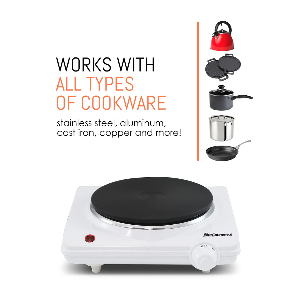 Elite Gourmet ESB-301F Countertop Single Cast Iron Burner, 1000 Watts Electric Hot Plate, Temperature Controls, Power Indicator Lights, Easy to Clean, White