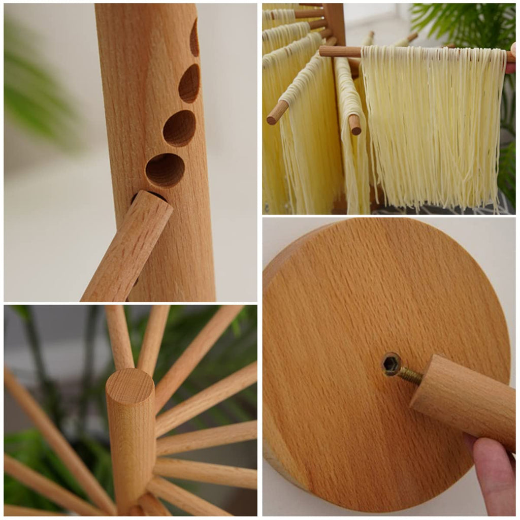Collapsible Pasta Drying Rack Wooden Spaghetti Stand Dryer with 16 Suspension Rods Homemade Fresh Noodle Hanger Easy Storage(Log Color)