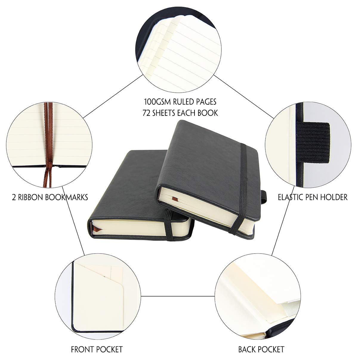 newestor (2-Pack Pocket Notebook 3.5" x 5.5", Small Hardcover Journal with Pen Holder, Inner Pockets, 100gsm Thick Ruled/Lined Paper, Black