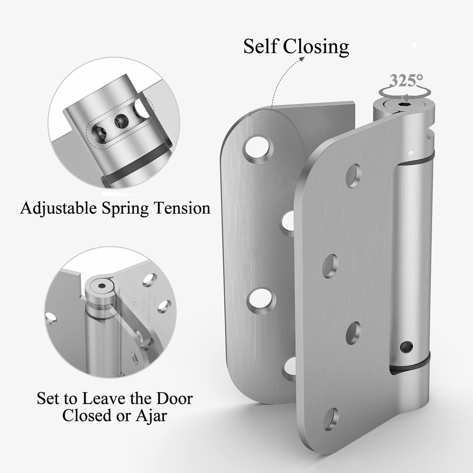 2 Pack Self Closing Door Hinge, 4 Inch Door Closer Hinge with 5/8'' Radius Corners, Adjustable Tension, Heavy-Duty Door Hardware, UL Listed, Brushed Nickel