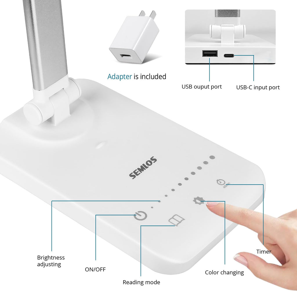 Semlos LED Desk Lamp, Eye-Caring Table Lamps, 5 Lighting Modes & 5 Brightness Levels, Dual-Head, Touch Control, Dimmable Desk Light for Home Office, White, Includes Charger