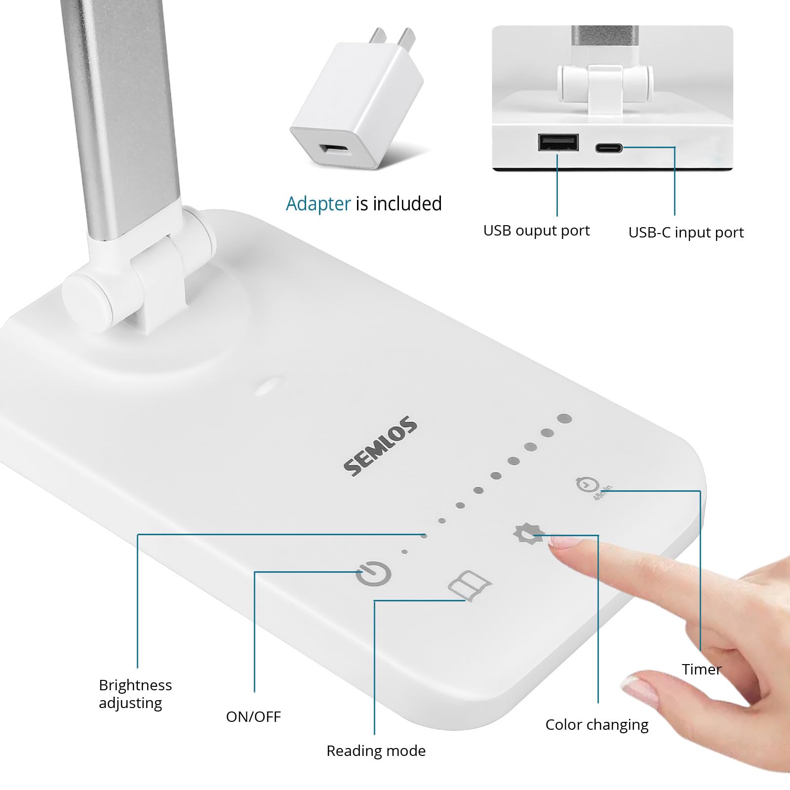 Semlos LED Desk Lamp, Eye-Caring Table Lamps, 5 Lighting Modes & 5 Brightness Levels, Dual-Head, Touch Control, Dimmable Desk Light for Home Office, White, Includes Charger