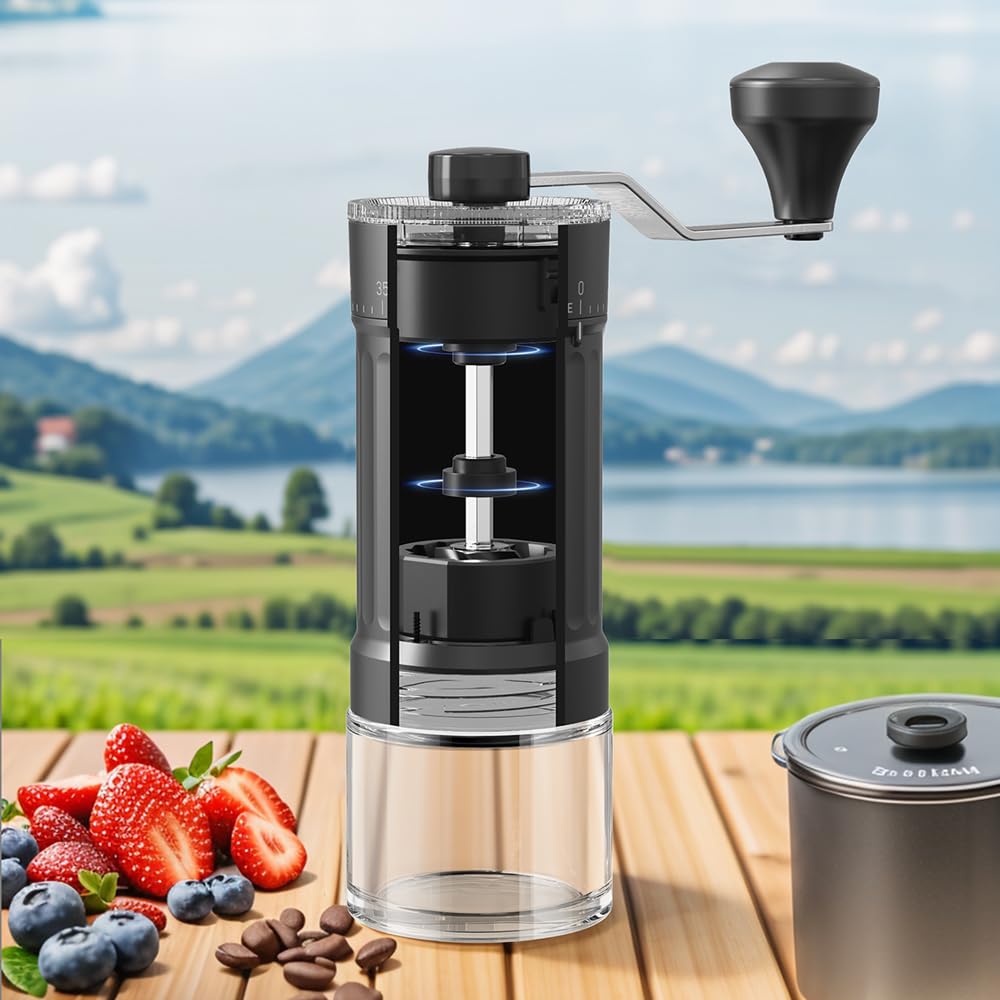 KharWette Portable Manual Coffee Grinder Conical Burr for Espresso French Press Pour Over Double Bearing Externally Adjustable Ceramic Burrs Capacity 25g