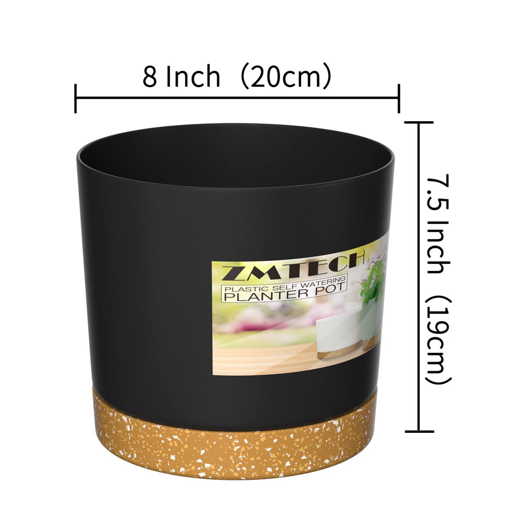 ZMTECH Plant Pots, 8'' Self Watering Plastic Planter with Drainage Hole and Saucer, Modern Decorative Flower Pot for Indoor Outdoor House Plants, Succulents, Flowers - Gray 2 Pack