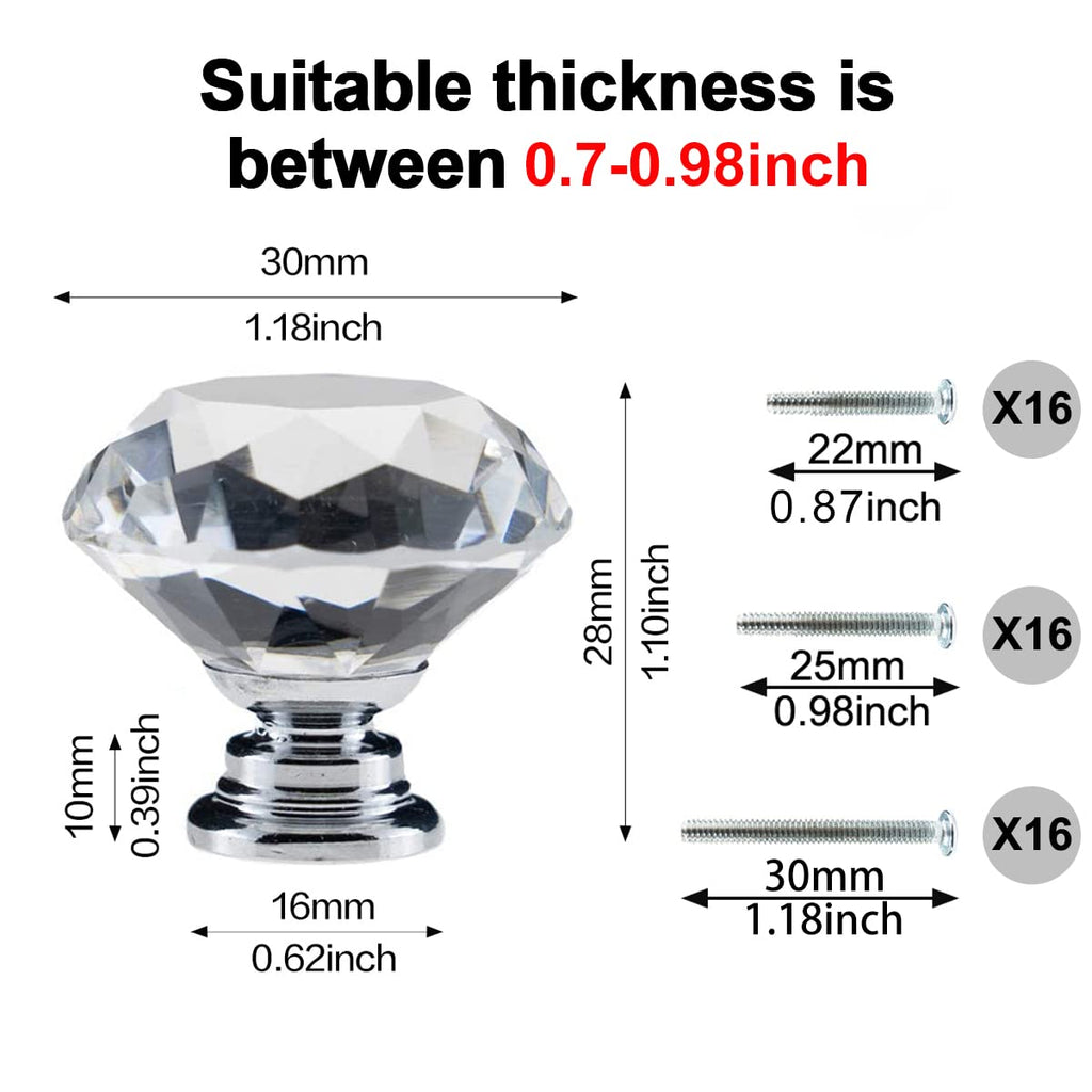 Dresser Knobs,16 Pack Diamond Shaped Crystal Glass Drawer Knobs, Pulls and Handles with Screws for Closet, Bathroom Cabinet, Dresser and Cupboard (30mm)
