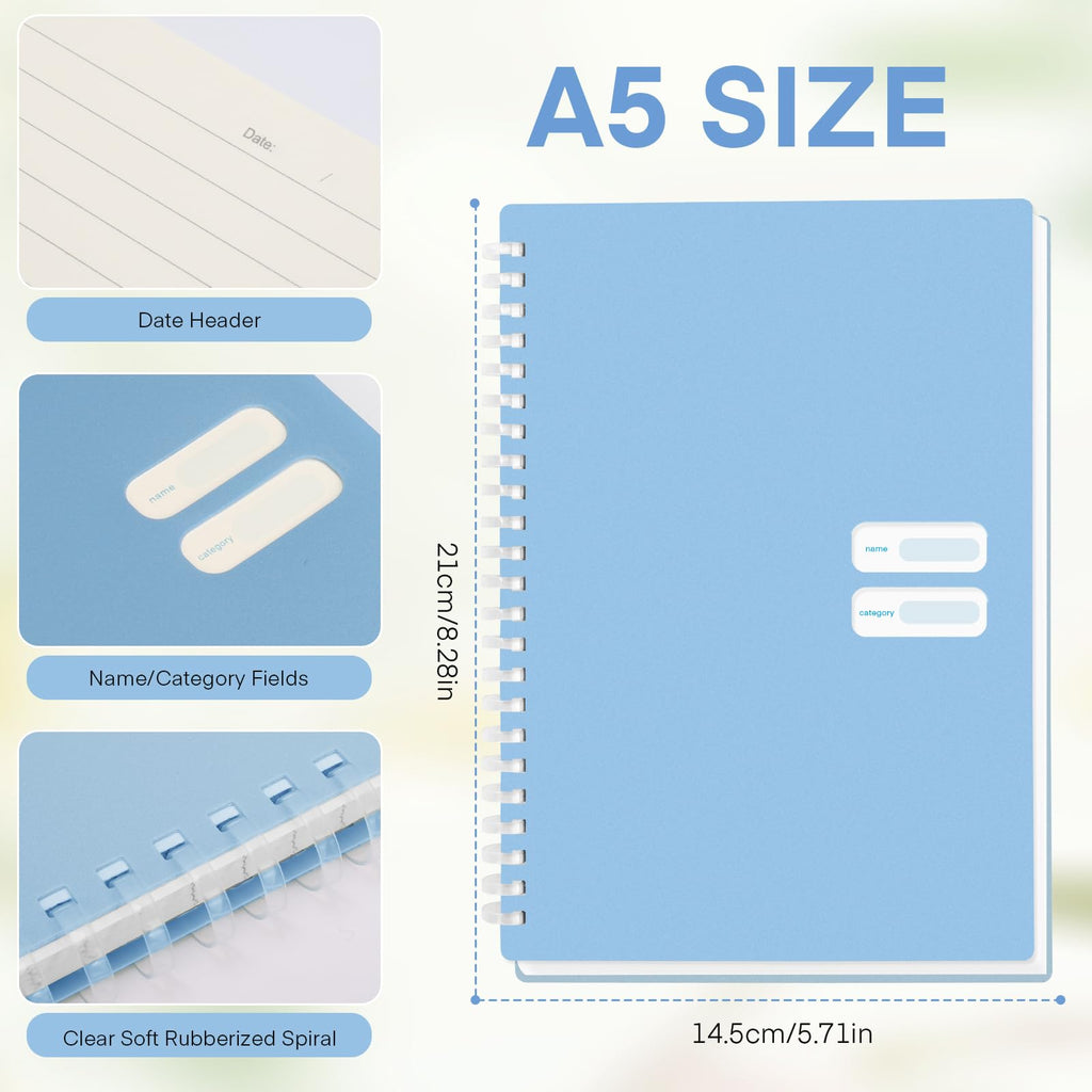 Colacoo A5 Spiral Notebook 4 Pack - PP Hardcover Coil Notebook with Soft Coil, 8 x 5 Spiral Notebook Journal College Ruled 140 Lined Pages, Assorted Blue