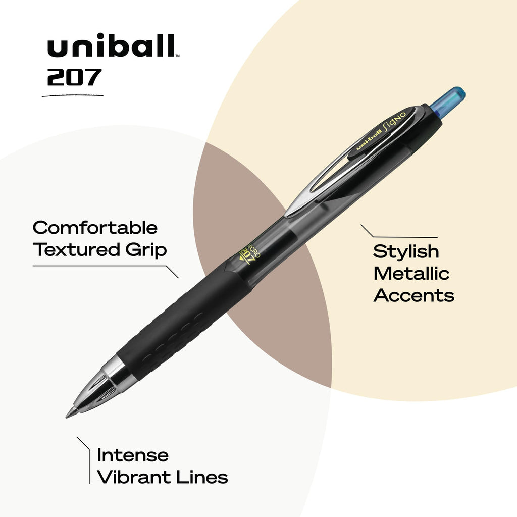 uni-ball 207 Rollerball Gel, Gel Retractable Roller Ball Pen Micro-0.5mm, 12 Pack, Blue Ink (61256)