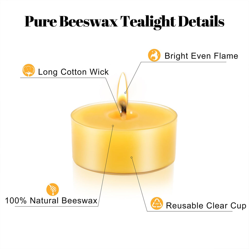 Pure Beeswax Tealight Candles-16 Pack - Handmade Natural Beeswax Tea Candles in Clear Cup | 4 Hour Extended Burn Time | Smokeless Beeswax Candles | for Home Deco, Fragrance, Relax