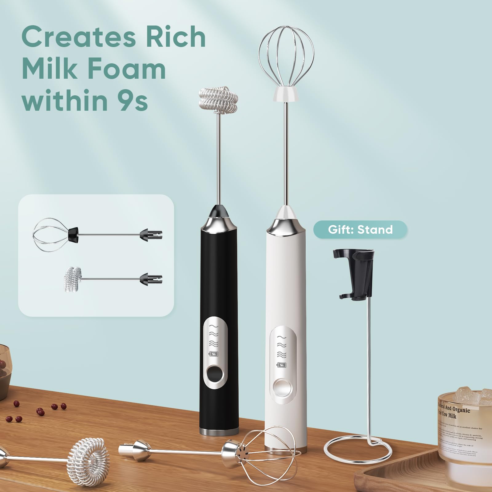 Rechargeable Milk Frother Handheld with Stand, Electric Whisk 3 Speeds Adjustable, Hand Held Coffee Frother with 2 Whisks, Drink Mixer for Latte, Espresso, Cappuccino, Protein Powder, Egg, Black