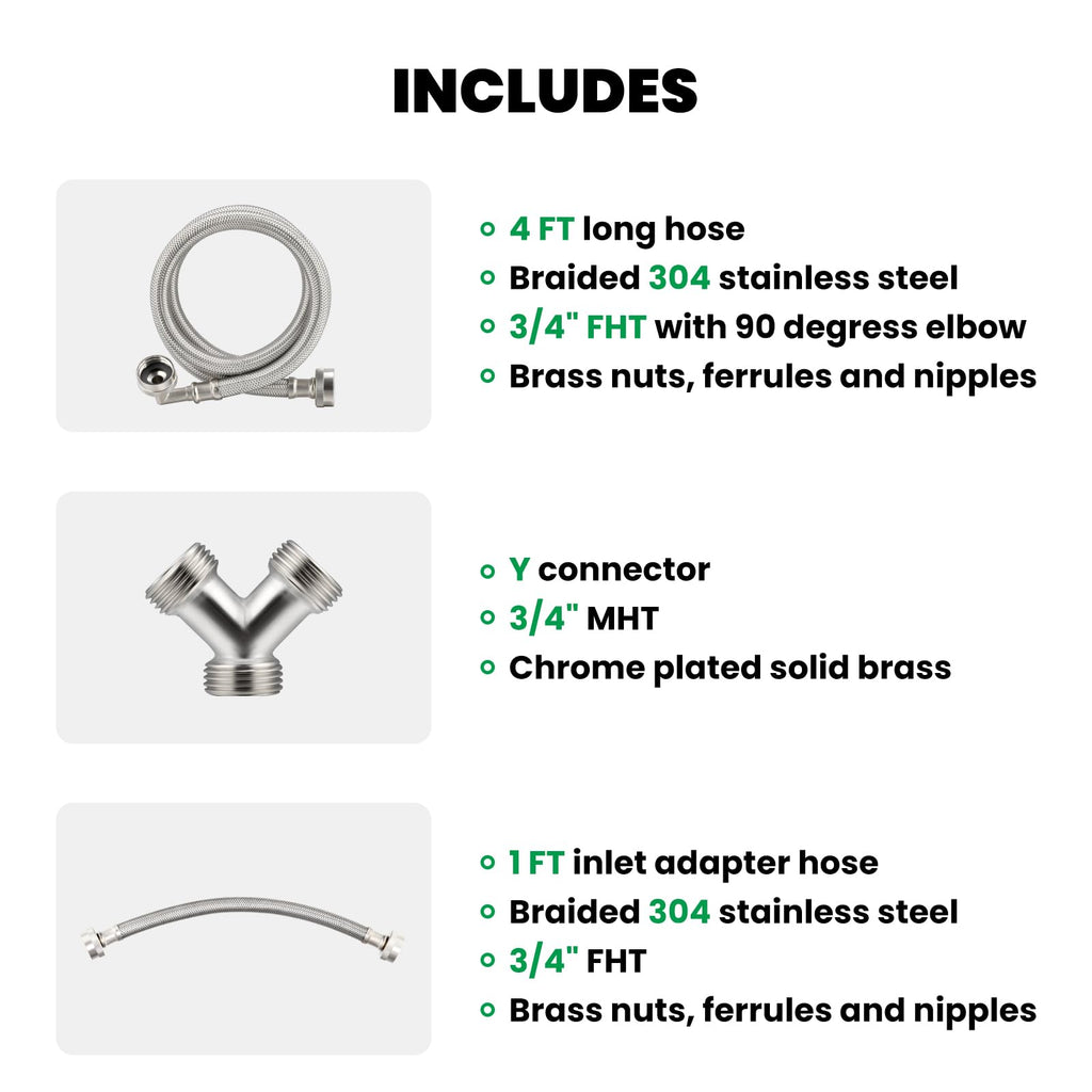 Watflow 4FT Steam Dryer Hose Installation Kit with 3/4" FHT 90 Degree 304SS Elbow Hose, 1ft Inlet Adapter and Y Connector,Fits All Normal Household Water Supply Lines