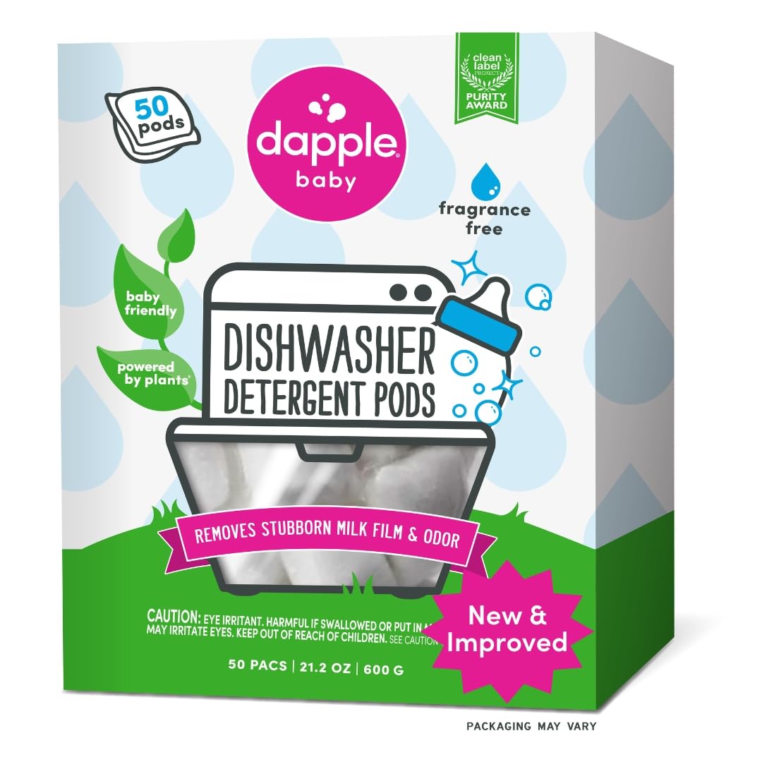 Dapple Baby Dishwasher Pods, Fragrance Free, Sulfate-Free, Hypoallergenic, Removes Milk Residue & Odor on Dishes, Baby Bottles & Kitchenware, 50 Count