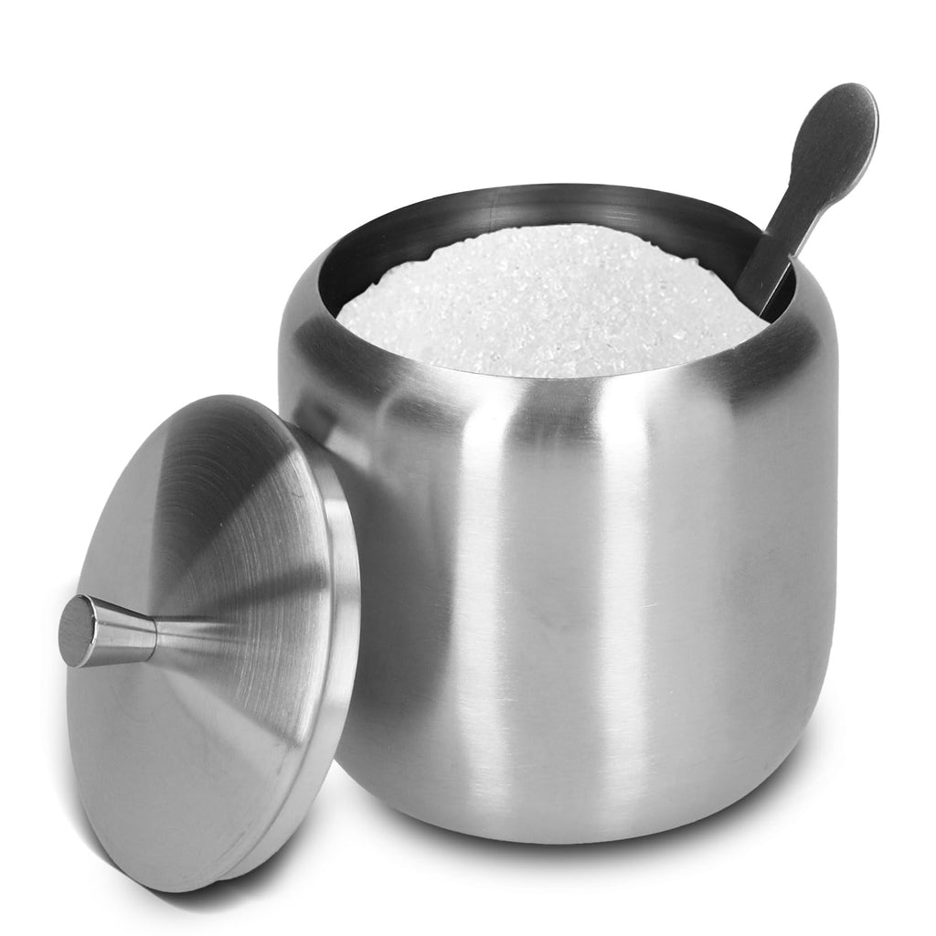 Sugar Bowl,304 Stainless Steel Polished Sugar Storage Jar Salt Pepper Spices Bowl with Spoon and Lid Seasoning Container Dispenser for Home Coffee Bar, 370ML