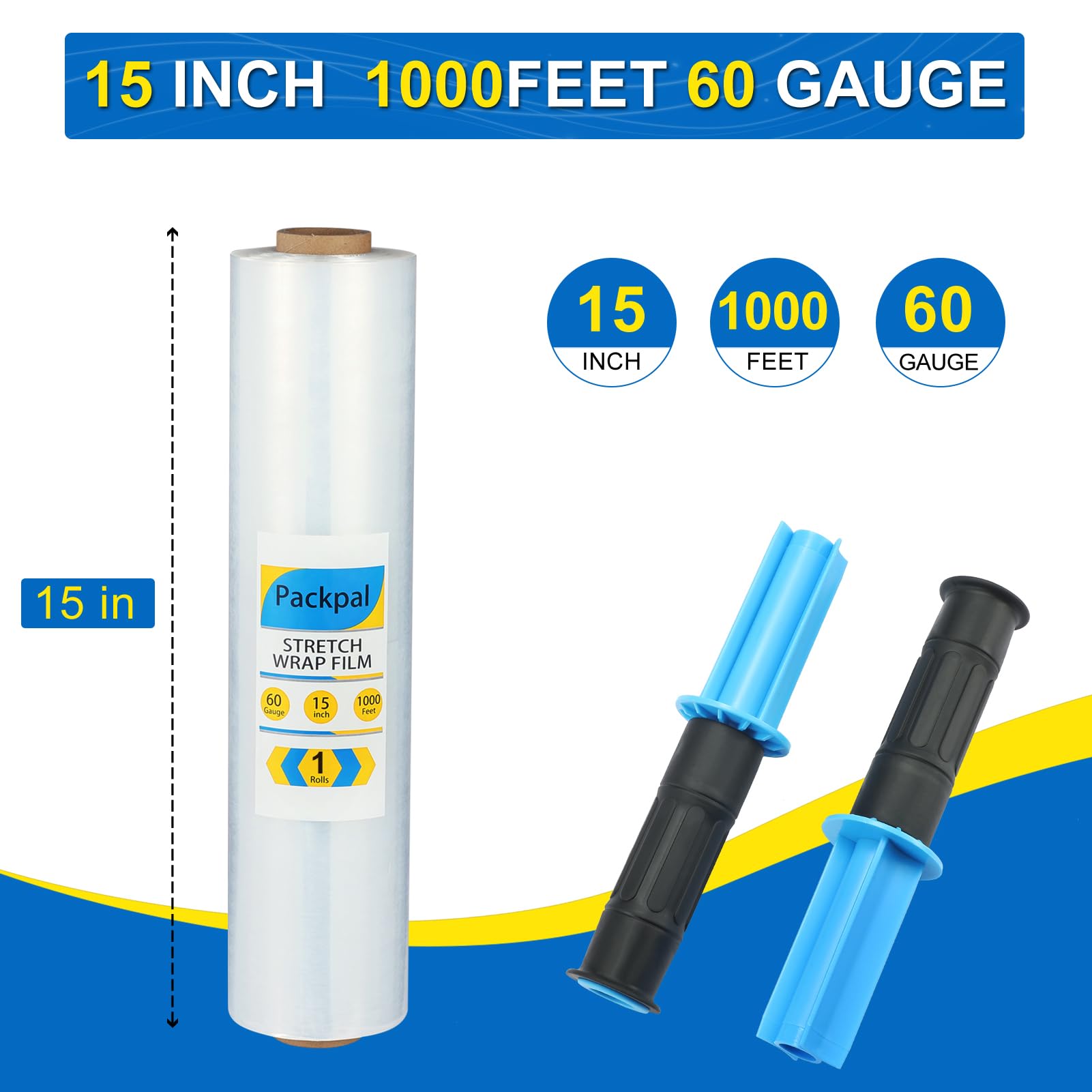 Packpal Shrink Wrap 1 Rolls 15"x 1000ft Stretch Film with Handles Clear, Plastic Stretch Wrap for Saran, Packing Pallet, Moving Suppliers for Furniture, Suitcases, Storage, Moving Boxes.