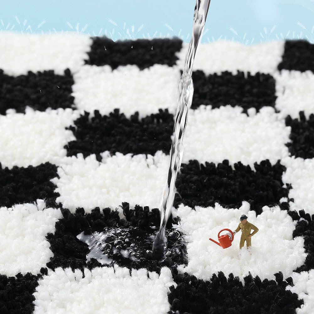 Ankah Bathroom Rug Black&White Checked Bath Mats, Non Slip Rubber Backing, Thick Soft Shaggy, Super Absorbent, Machine Washable, Bath Rugs Cute Bathroom Deocr, (Square 15.75"x 23.62")