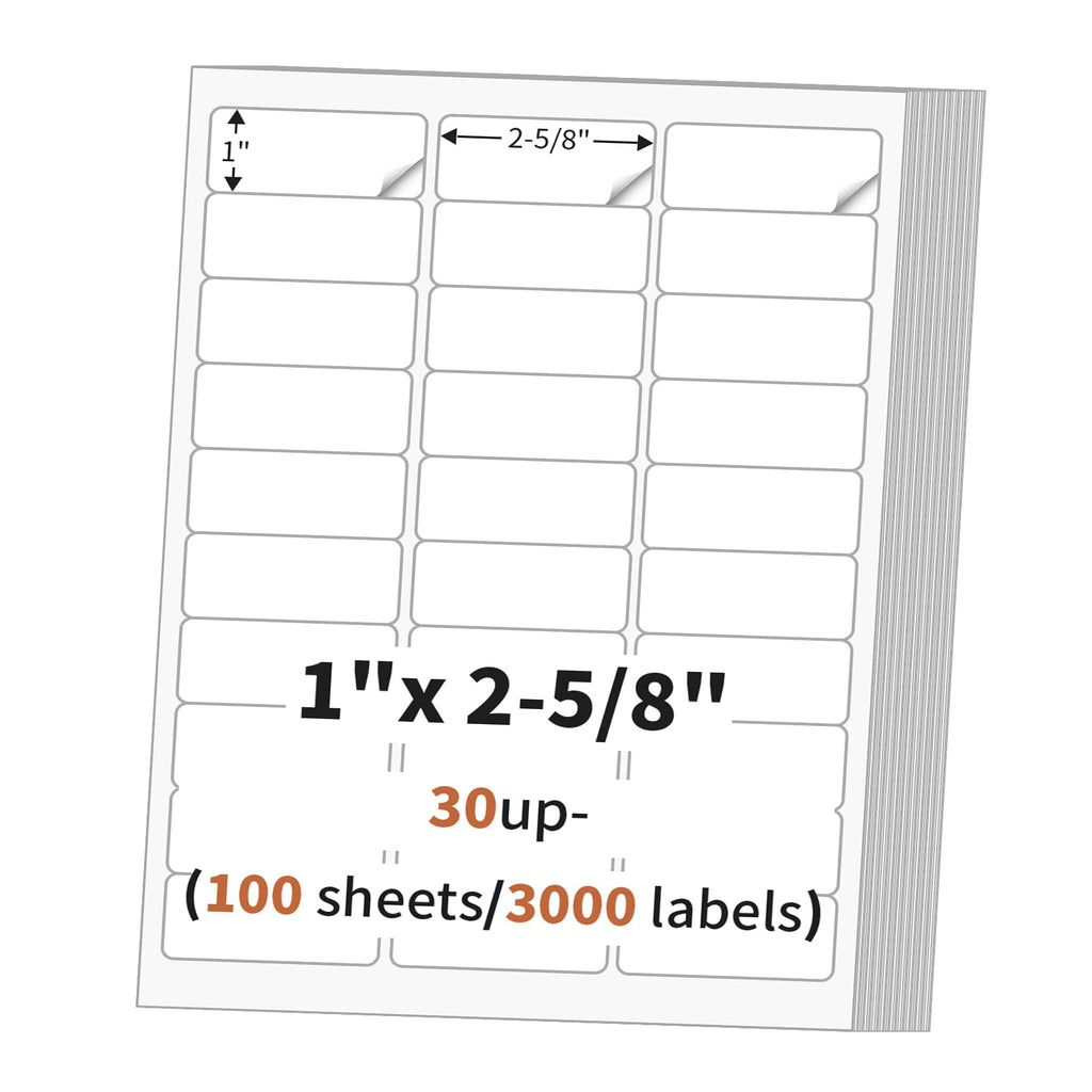 1" x 2 5/8" (100 Sheets) Address Labels, Labels Sticker Paper for Laser/Ink Jet Printer, Printable and Writable White Sticker Labels- Matte, 30 per Page Labels (Total 3000 Labels)