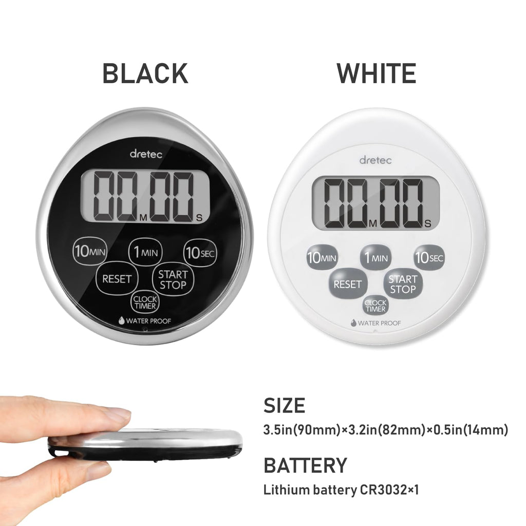dretec Digital Kitchen Timer, Water Proof Timer, Shower Timer, Magnetic Backing, Silver, Black, Officially Tested in Japan (1 Starter Lithium Battery Included)