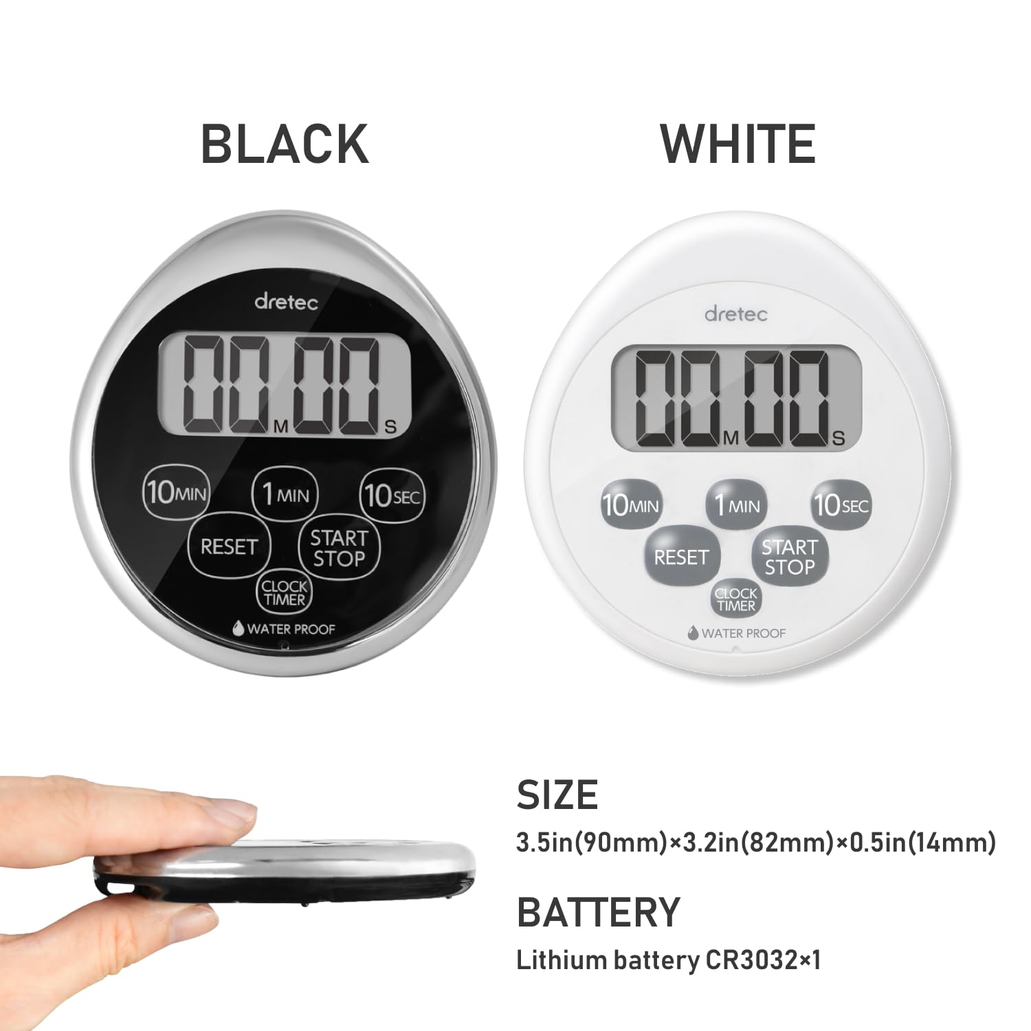 dretec Digital Kitchen Timer, Water Proof Timer, Shower Timer, Magnetic Backing, Silver, Black, Officially Tested in Japan (1 Starter Lithium Battery Included)