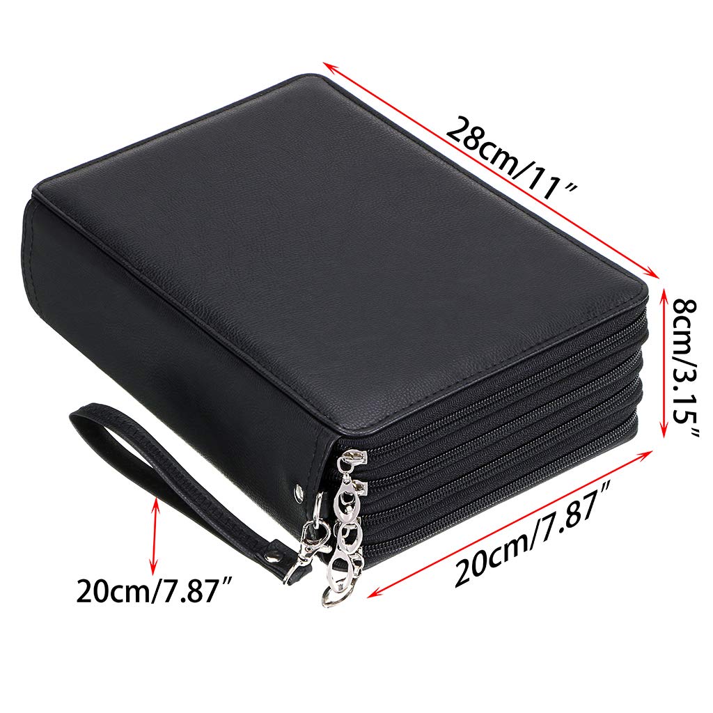BTSKY 200 Slots Colored Pencil Case - Deluxe PU Leather Pen Pencil Holder with Removal Handle Strap Pencil Case Organizer Large Capacity for Colored Pencils Watercolor Pencils, Black