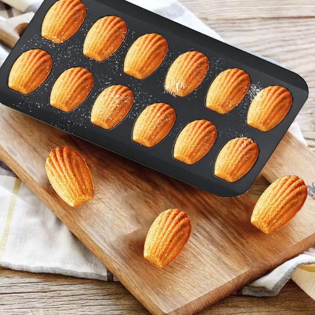 Jiarznh Nonstick Madeleine Pan, 12Cavity Shell Shaped Baking Mold,Madeline Cake Baking Tray with Anti Curling Shell Shaped Shell Suitable for Oven Bakin(2-Pack)