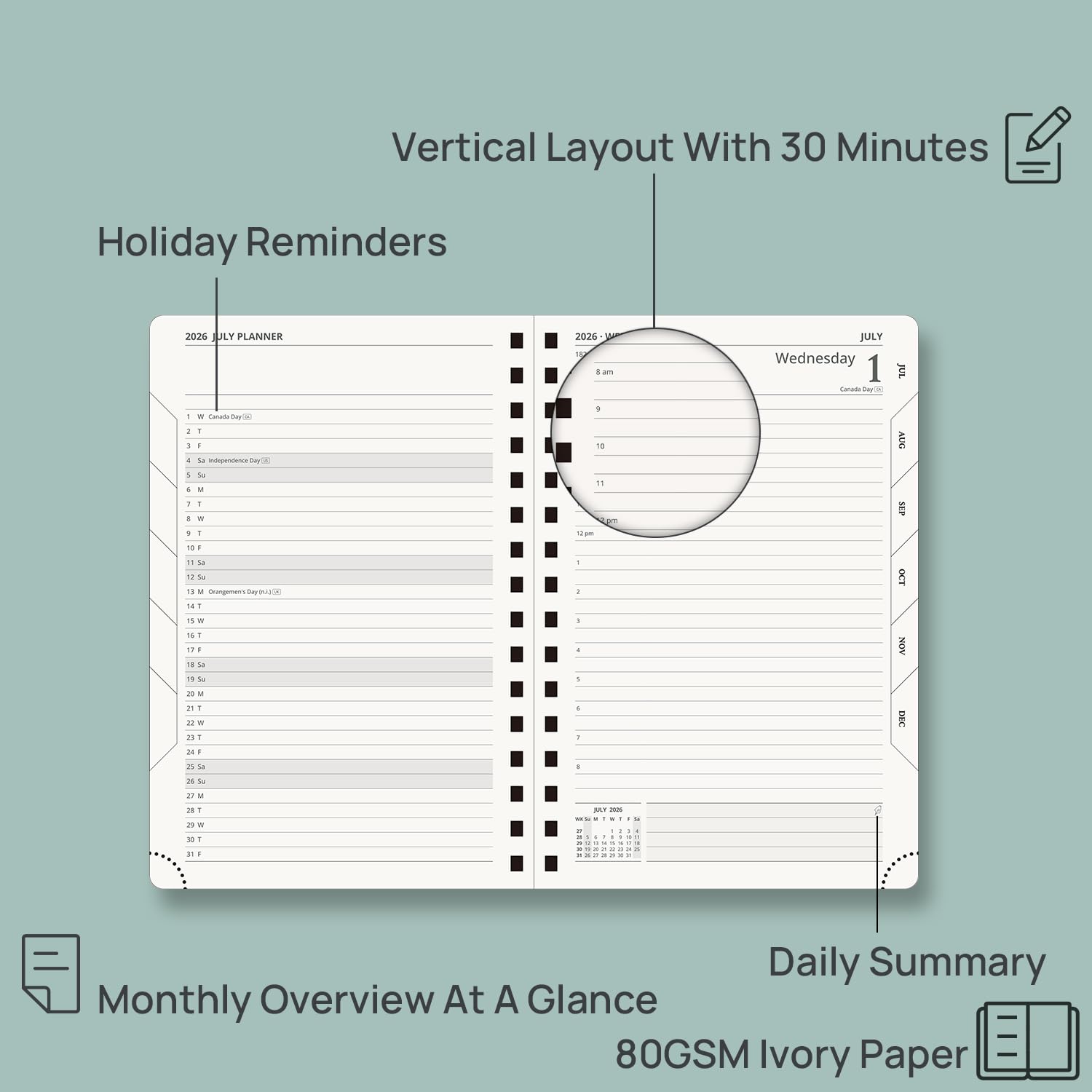 POPRUN 2026-2027 Daily Planner One Page Per Day, 5.75" x 8.5", Academic Daily Calendar Book with July 2026 to June 2027, Hardcover Appointment Book with Hourly Time Slots, Spiral Bound, Monthly Tabs - Black