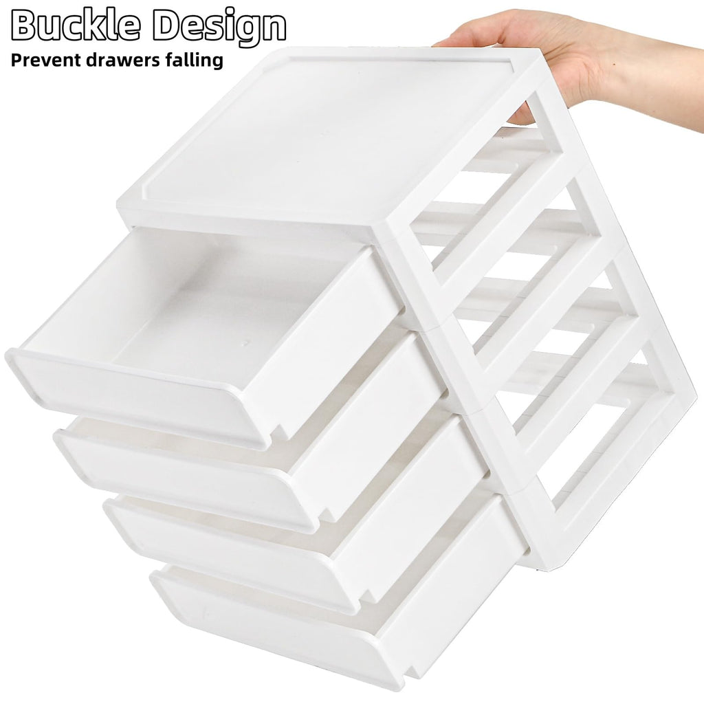 Covzoe 4 Drawer Desktop Storage Unit, 4 Layer Plastic Stacking Tabletop Organizer, White Storage Bin Container with Sliding Drawers, Desk Stationery Organizer Box for Home Classroom Office