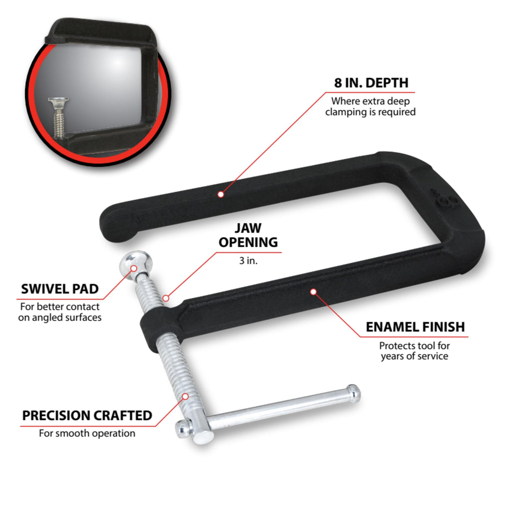 Performance Tool W3982 8" Deep Throat C-Clamp,
