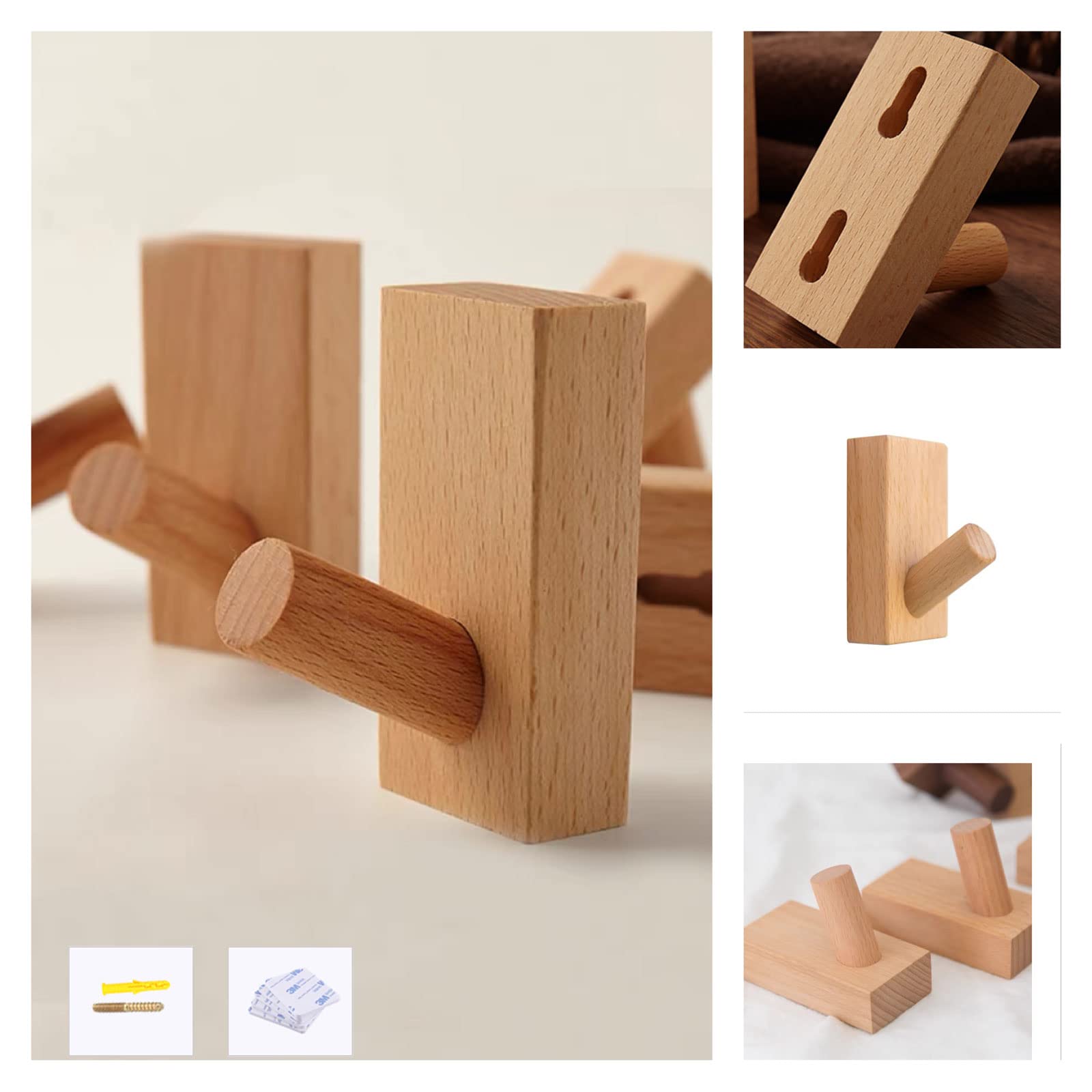 HomeDo 4Pack Wood Wall Hooks, Adhesive Hooks Hat Hook, Wooden Coat Hooks Wall Mounted, Entryway Hat Rack, Decorative Hooks Single Organizer Hat Hanger Towel Rack Hook (Rectangle-Beech-4Pack)