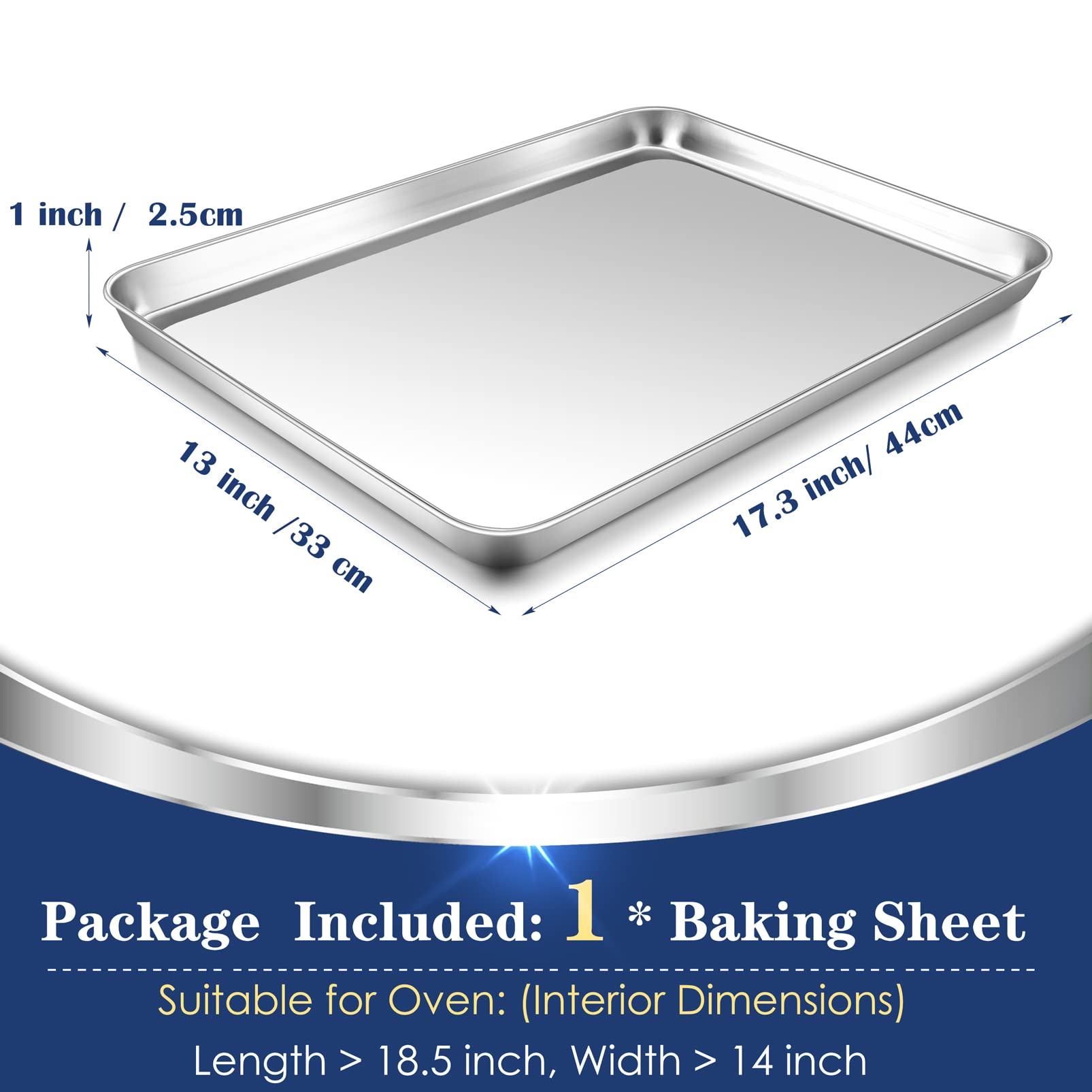 P&P CHEF Baking Cookie Sheet, Stainless Steel Baking Pan Oven Tray, Rectangle 17.3” x 13” x 1”, Non Toxic & Durable Use, Mirror Finished & Dishwasher Safe