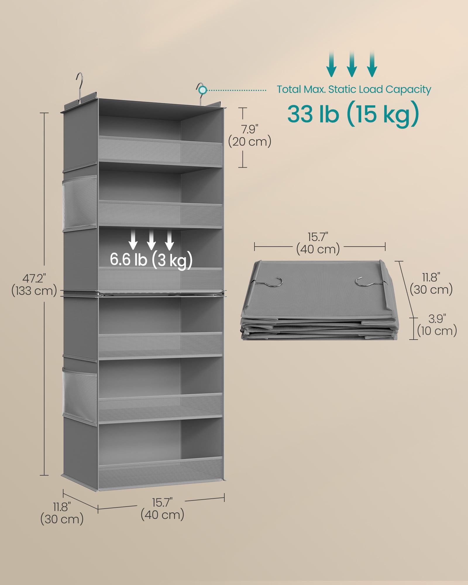 SONGMICS Hanging Closet Organizer, 6-Tier Fabric Storage Shelf, Separable Closet Hanging Shelf with Side Pockets, Foldable, Metal Hooks and Bamboo Inserts, Dark Gray URCH007G01