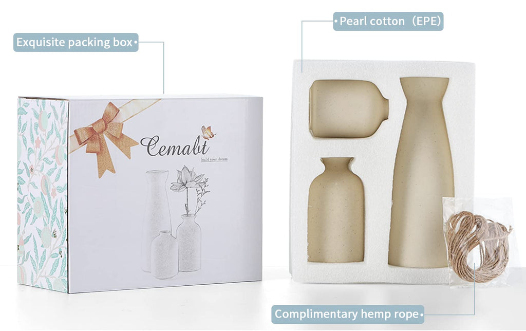 CEMABT Beige Ceramic vase Set-3 Small Flower vases for Decor,Modern Boho Farmhouse Home Decor,Decorative vase for Pampas Grass&Dried Flowers,idea Shelf ,Table,Bookshelf ,Entryway- Distressed