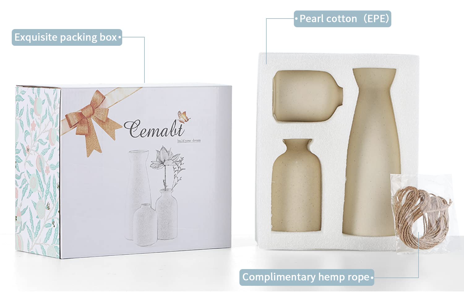 CEMABT Beige Ceramic vase Set-3 Small Flower vases for Decor,Modern Boho Farmhouse Home Decor,Decorative vase for Pampas Grass&Dried Flowers,idea Shelf ,Table,Bookshelf ,Entryway- Distressed
