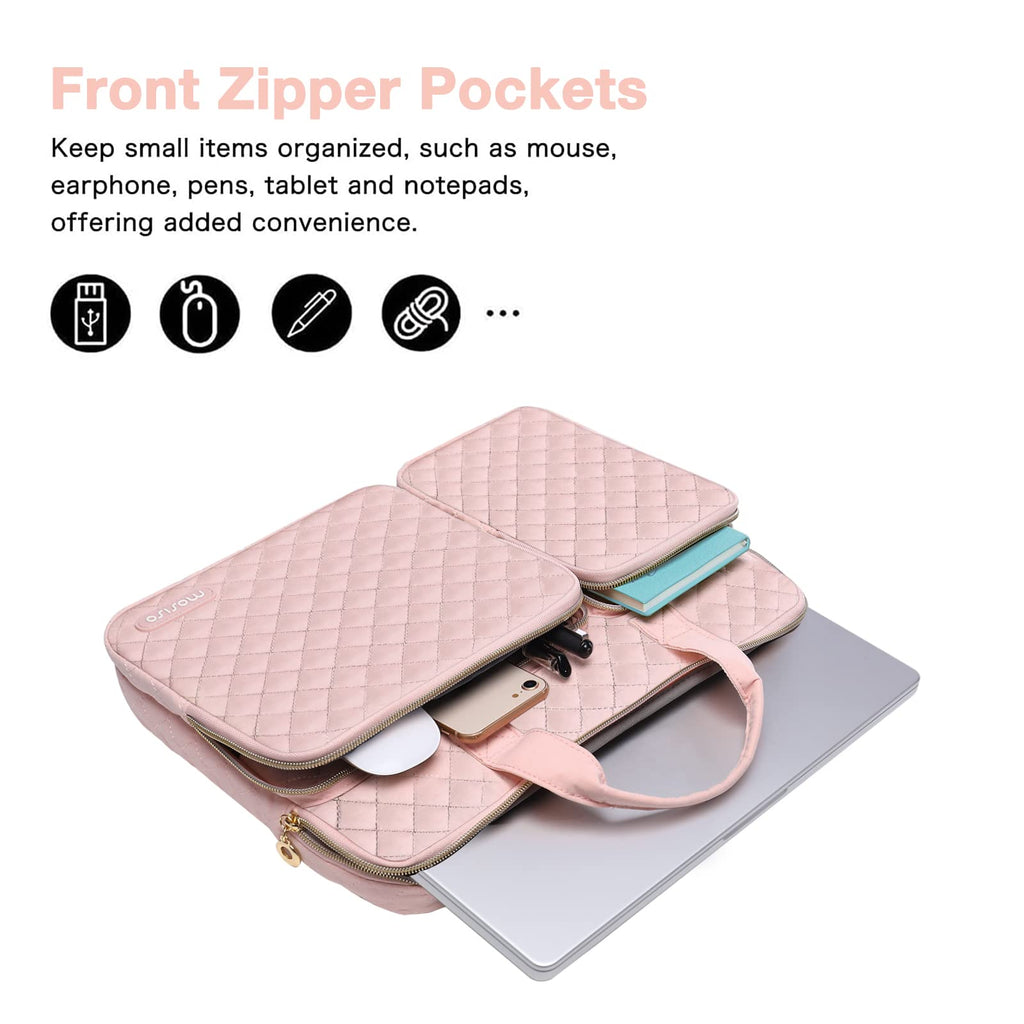MOSISO 360 Protective Laptop Case 13.3 inch, 13-13.3 inch Laptop Sleeve Compatible with MacBook Air/Pro 13/Pro 14,HP Dell ASUS Lenovo, Square Quilted Bag Cover with 2 Pockets&Handle&Belt,Chalk Pink