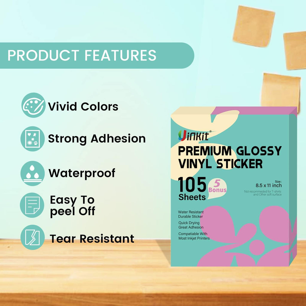 Uinkit 105 Sheets Premium Printable Vinyl Sticker Paper for Inkjet Printer Cricut,included 100Sheets Glossy and 5Sheets Clear Label Waterproof Adhesive Dries Quickly Tear-Resistant, Removable